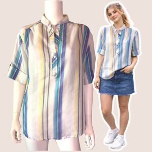 Vtg 80s Allana Blue Striped Blouse Size XL Pastel Coastal Resort Shirt Top Boho